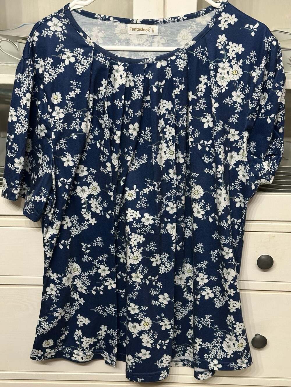 Fantaslook Dressy Blouse Womens XXL Blue Floral Pleated Short Sleeve Tunic Top